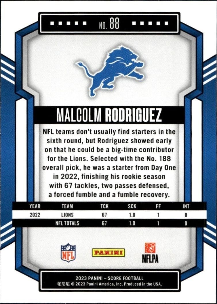 2023 Panini Score Malcolm Rodriguez #88 football trading card back