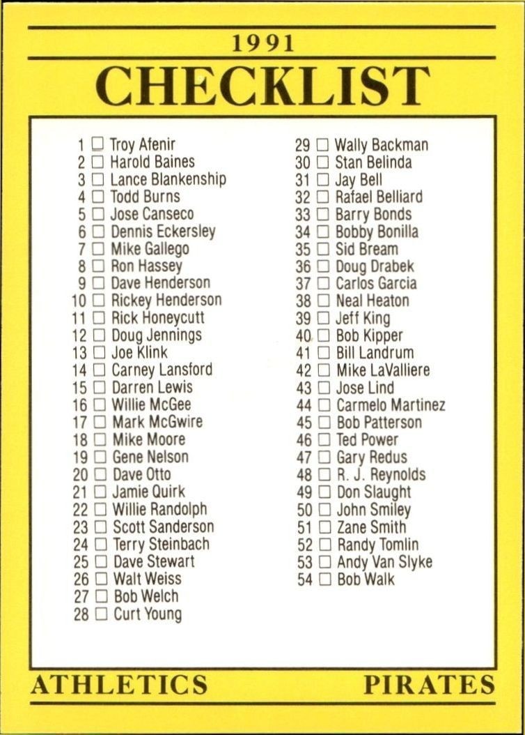 1991 Fleer Checklist #714 baseball trading card back