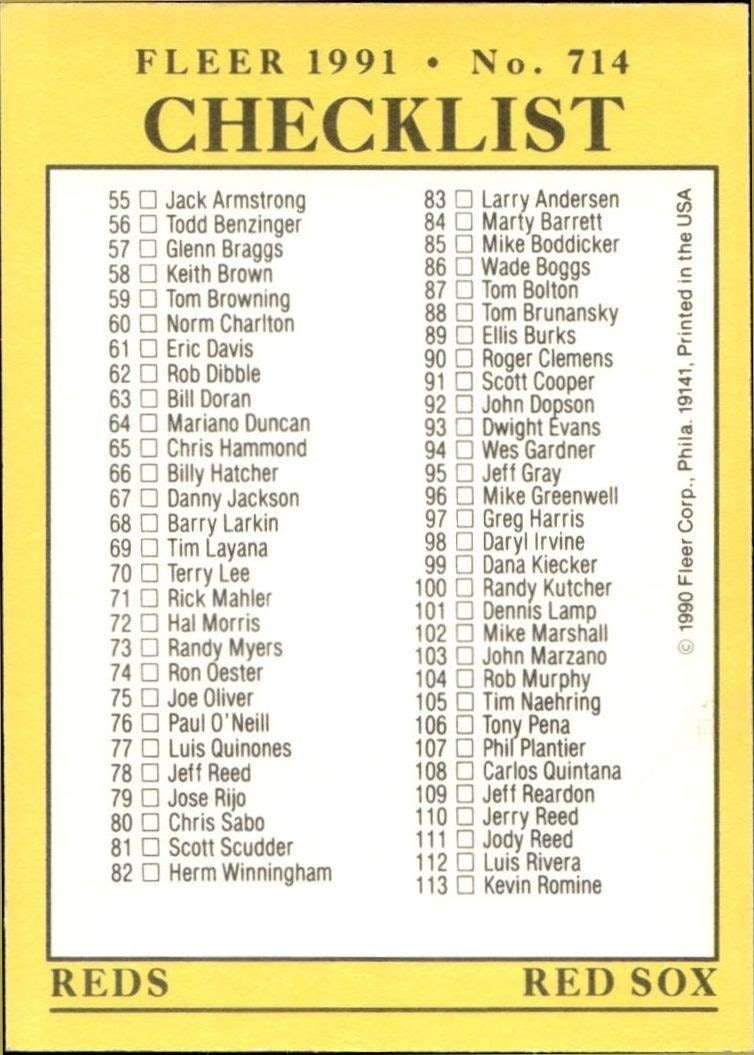 1991 Fleer Checklist #714 trading card