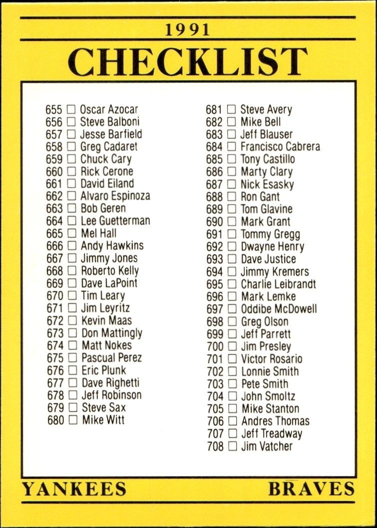 1991 Fleer Checklist #720 baseball trading card back