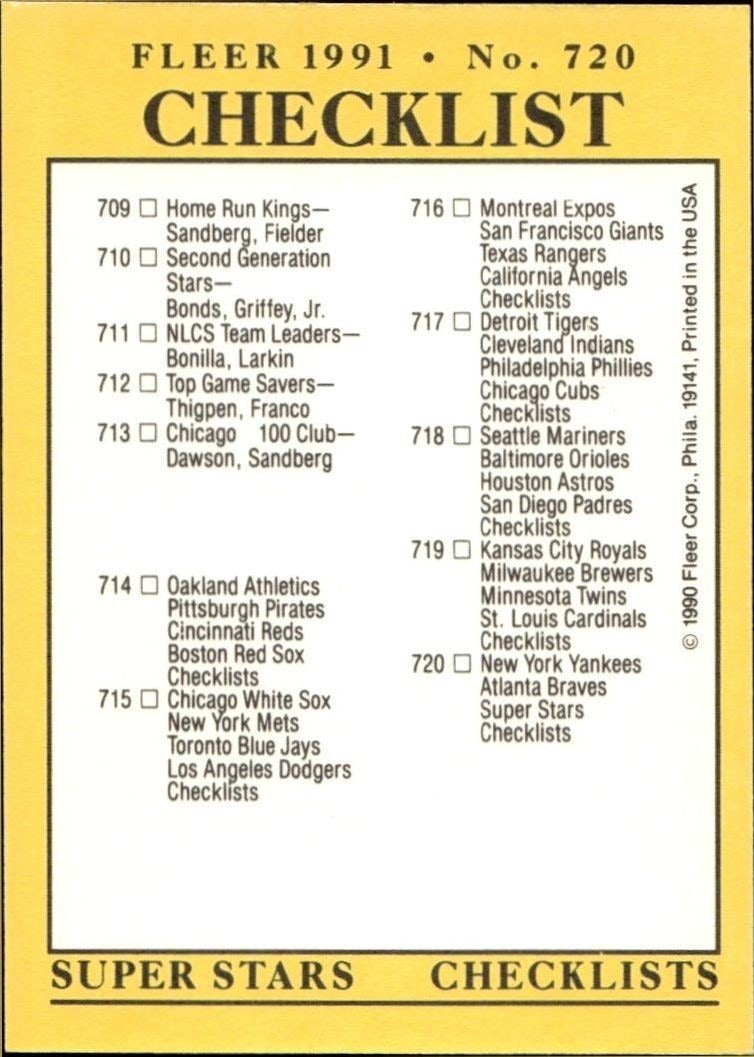 1991 Fleer Checklist #720 baseball trading card front