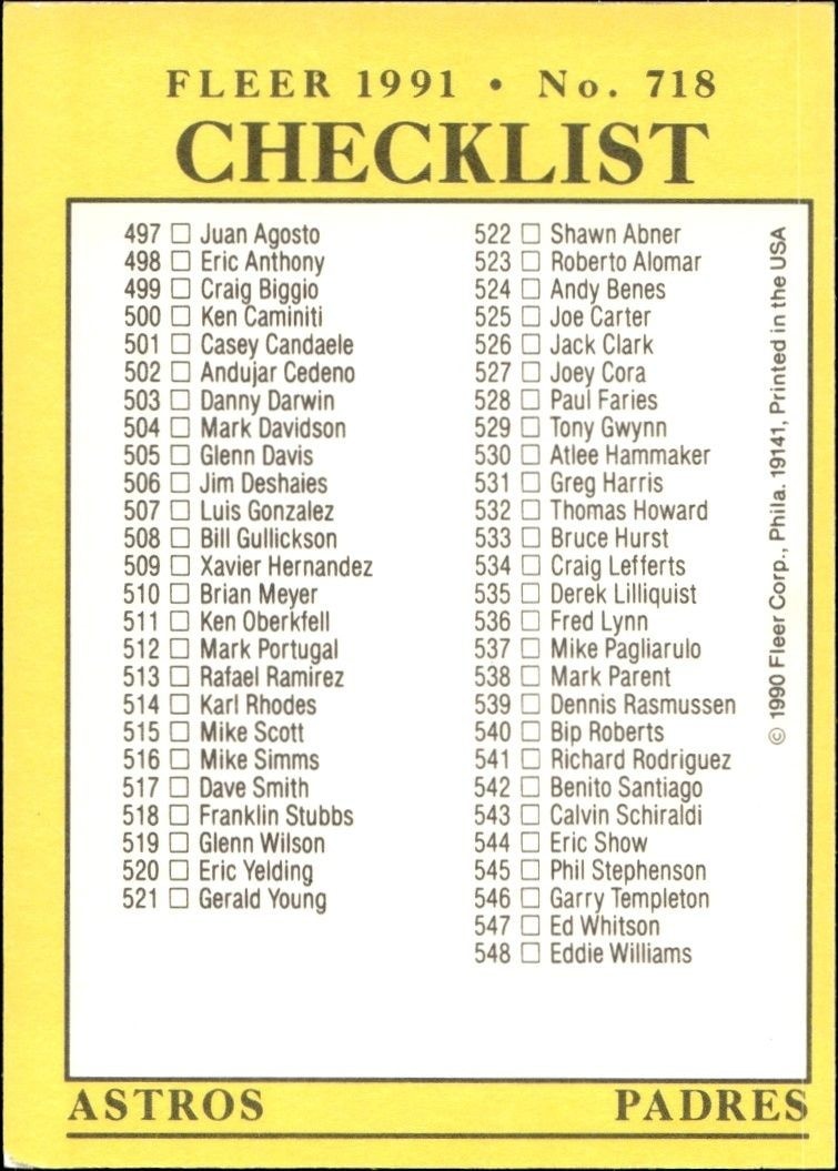 1991 Fleer Checklist #718 baseball trading card back