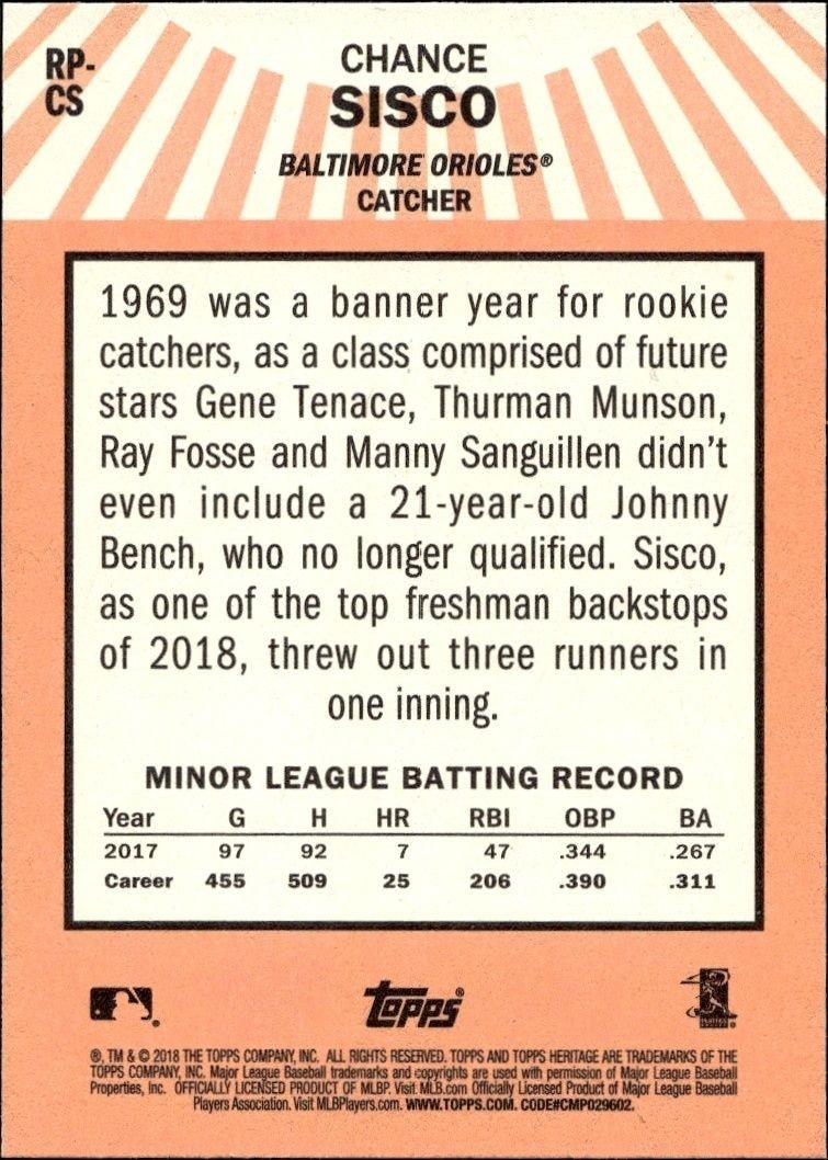 2018 Topps Heritage Chance Sisco #RP-CS baseball trading card back