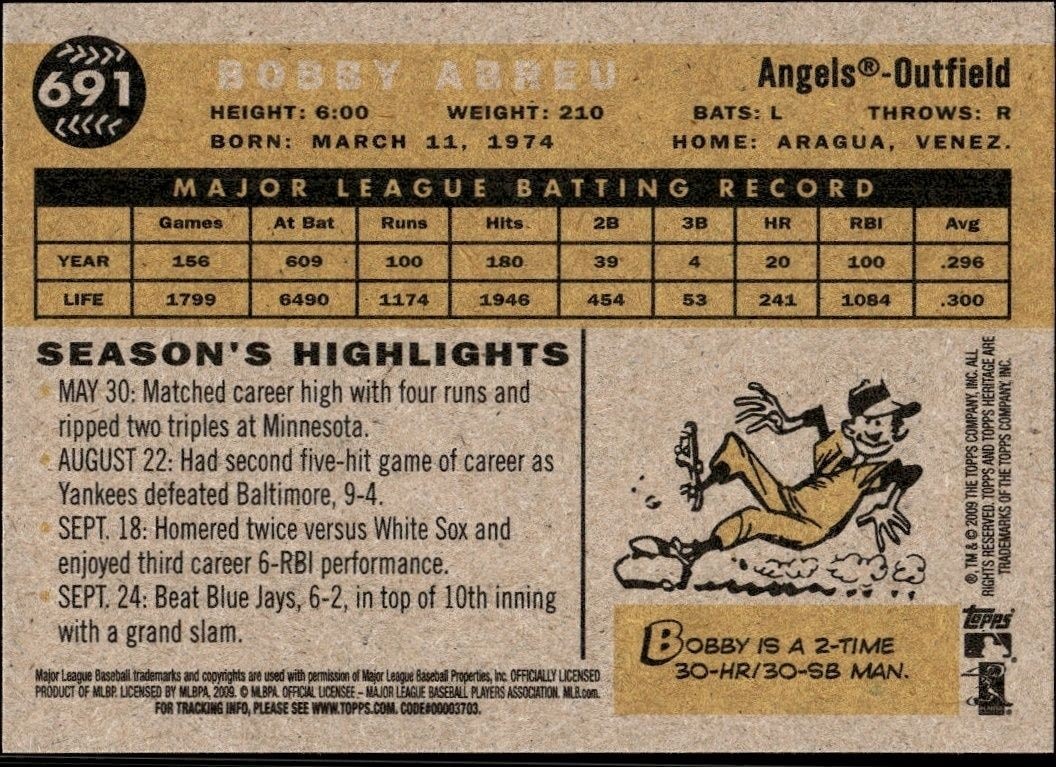 2009 Topps Heritage High Number Bobby Abreu #691 baseball trading card back