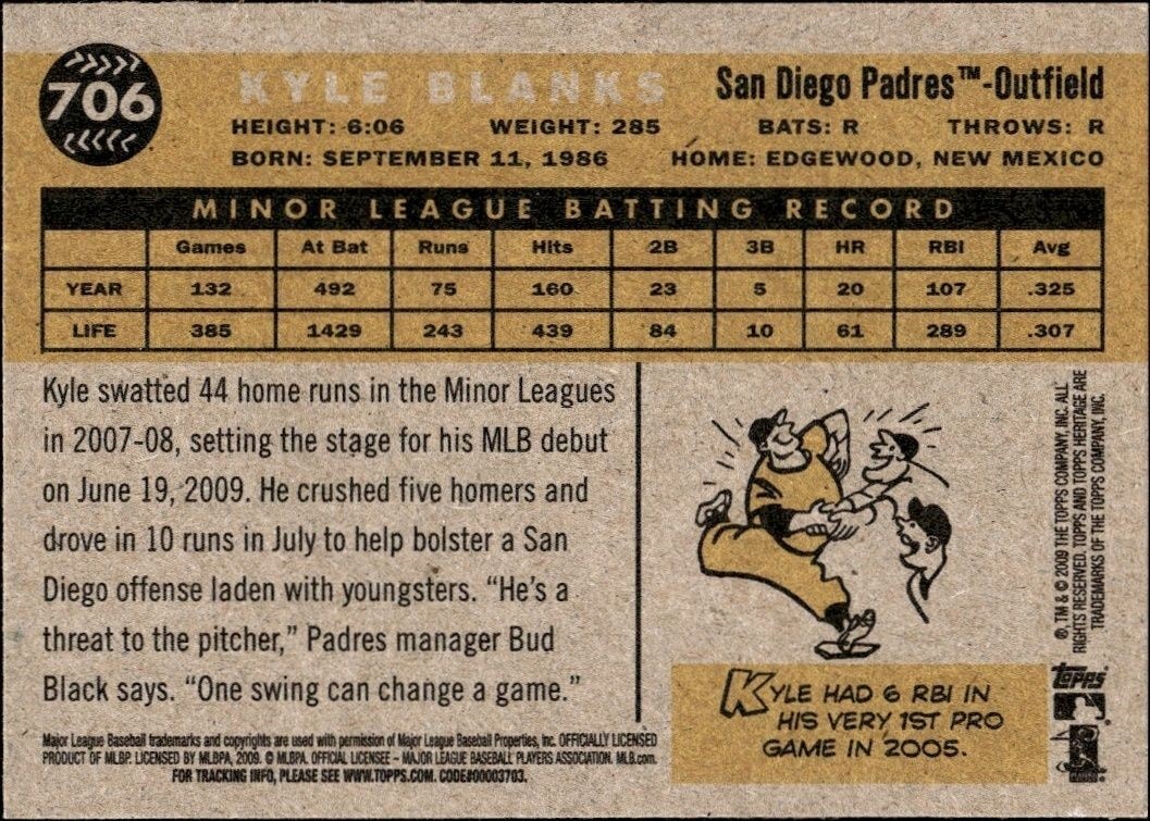 2009 Topps Heritage High Number Kyle Blanks #706 baseball trading card back