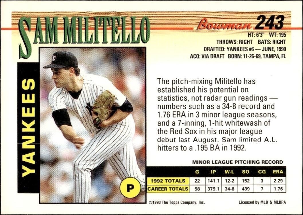 1993 Bowman Sam Militello #243 baseball trading card back