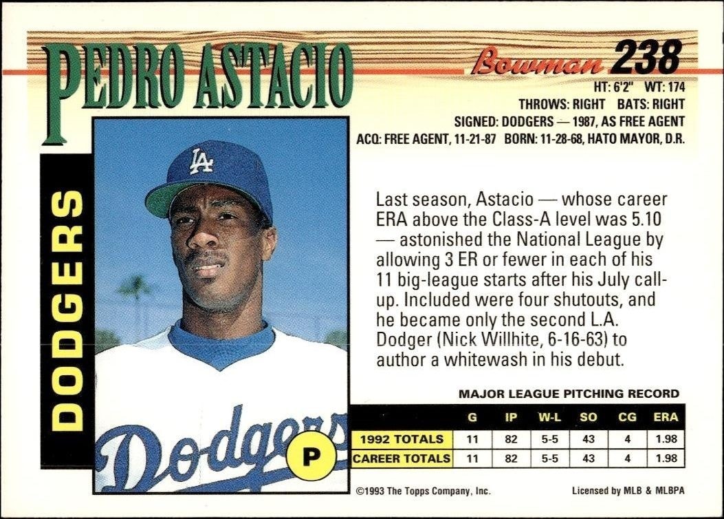 1993 Bowman Pedro Astacio #238 baseball trading card back