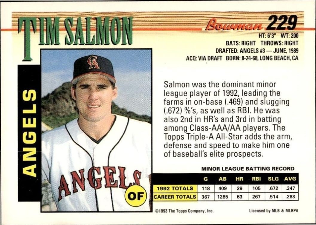 1993 Bowman Tim Salmon #229 baseball trading card back