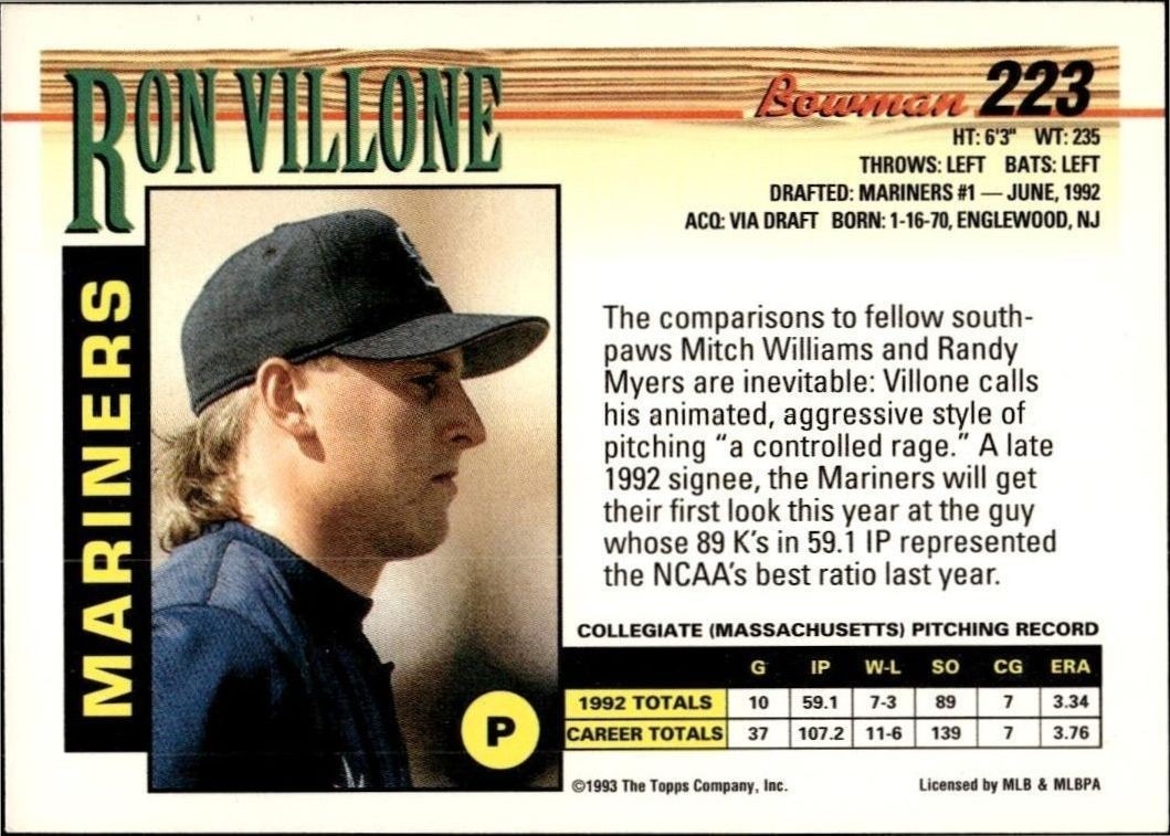 1993 Bowman Ron Villone #223 baseball trading card back
