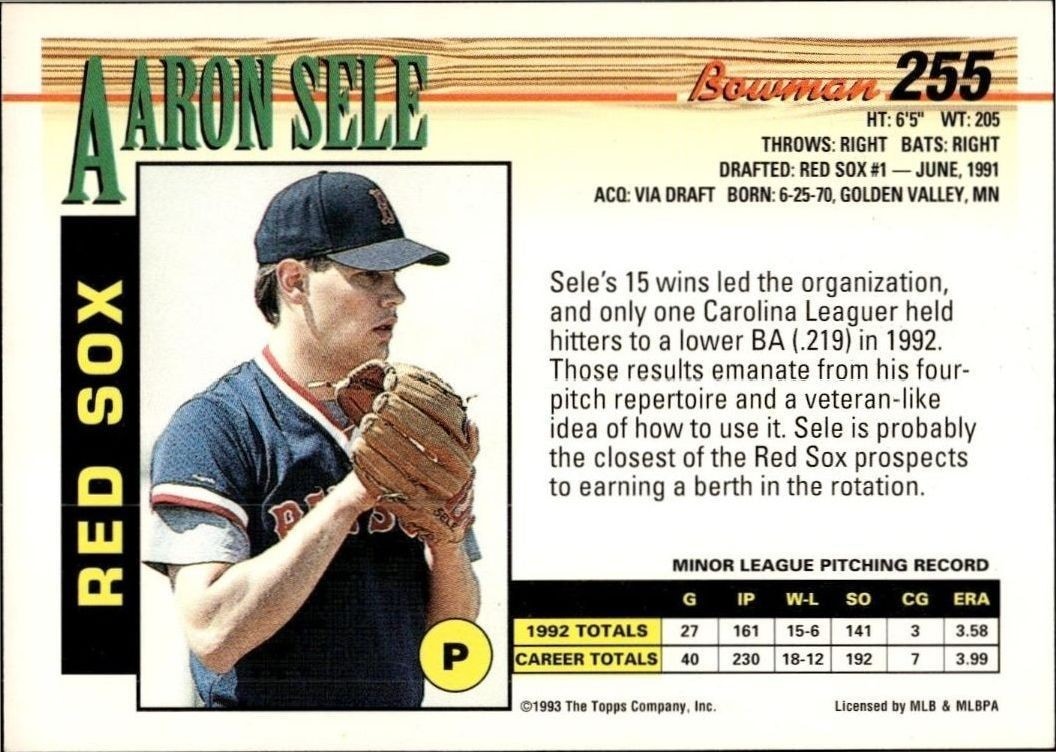 1993 Bowman Aaron Sele #255 baseball trading card back