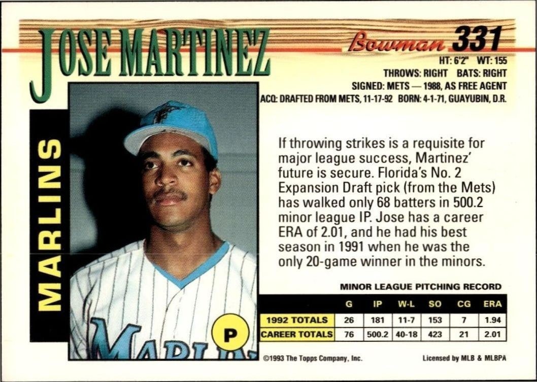 1993 Bowman Jose Martinez #331 baseball trading card back