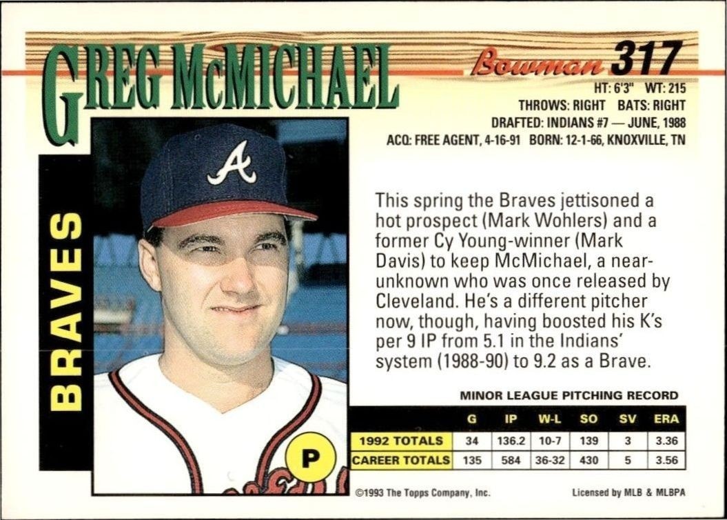 1993 Bowman Greg McMichael #317 baseball trading card back