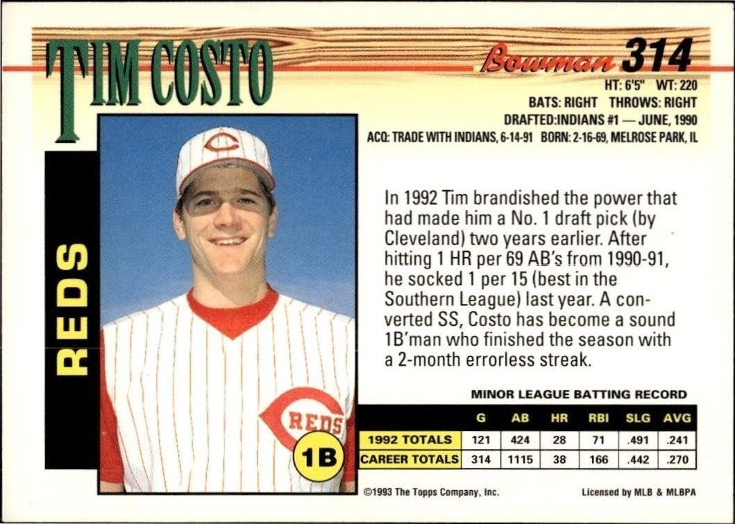 1993 Bowman Tim Costo #314 baseball trading card back