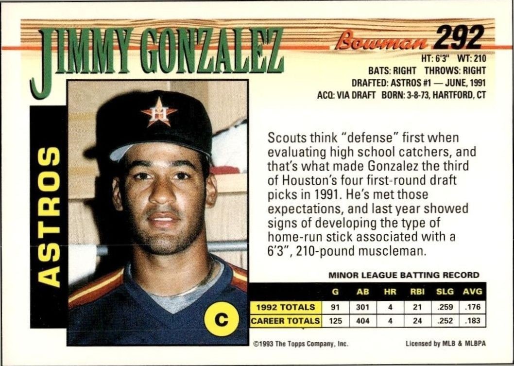 1993 Bowman Jimmy Gonzalez #292 baseball trading card back