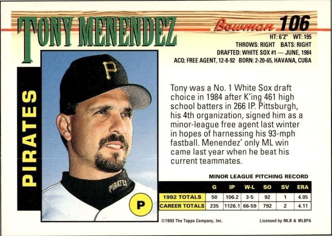 1993 Bowman Tony Menendez #106 baseball trading card back