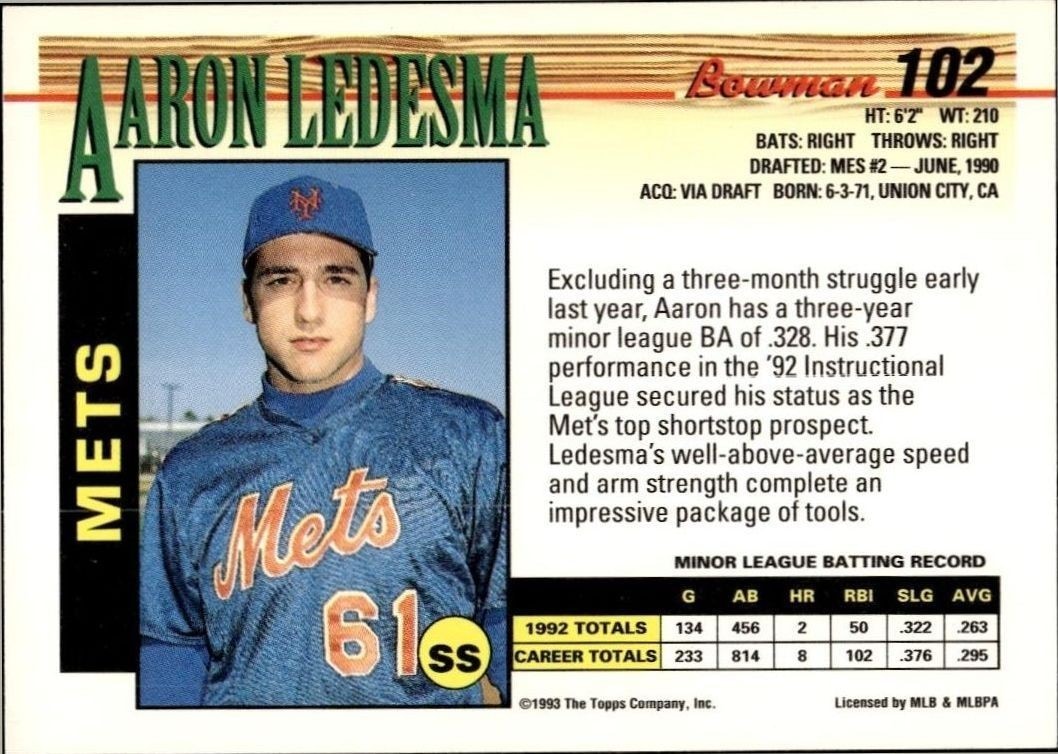 1993 Bowman Aaron Ledesma #102 baseball trading card back