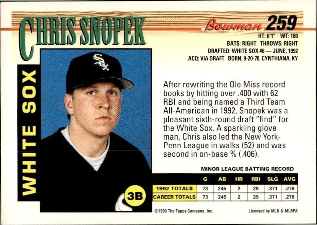 1993 Bowman Chris Snopek #259 baseball trading card back