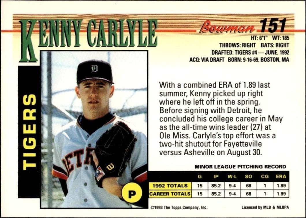 1993 Bowman Kenny Carlyle #151 baseball trading card back