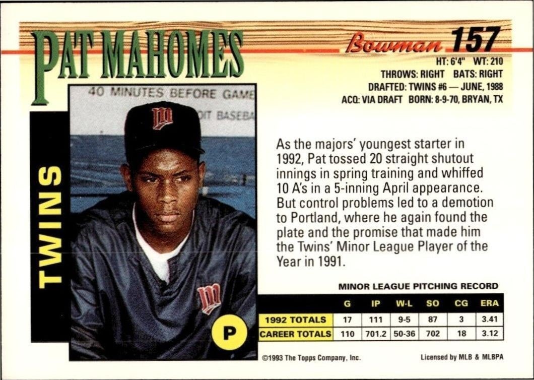 1993 Bowman Patrick Mahomes II #157 baseball trading card back
