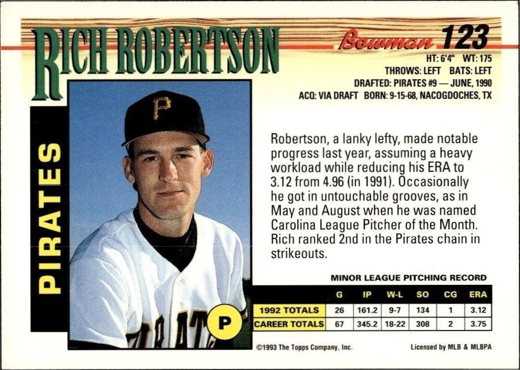 1993 Bowman Rich Robertson #123 baseball trading card back
