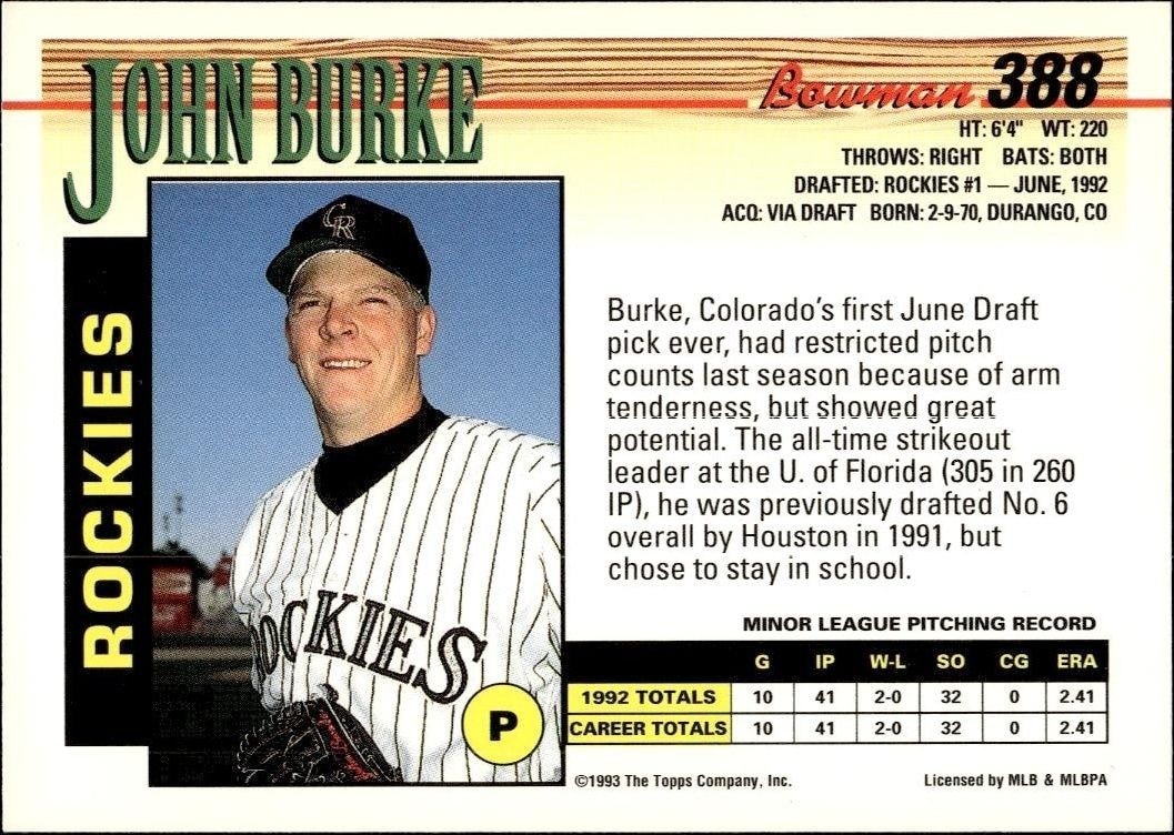 1993 Bowman John Burke #388 baseball trading card back