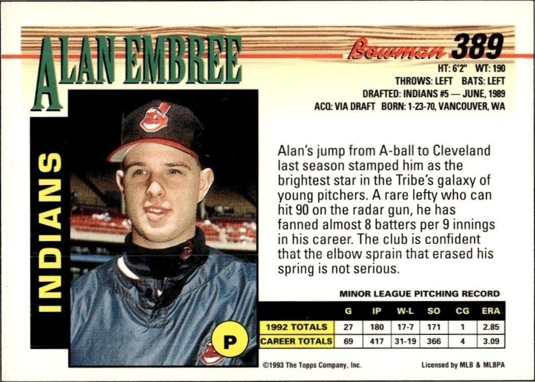 1993 Bowman Alan Embree #389 baseball trading card back
