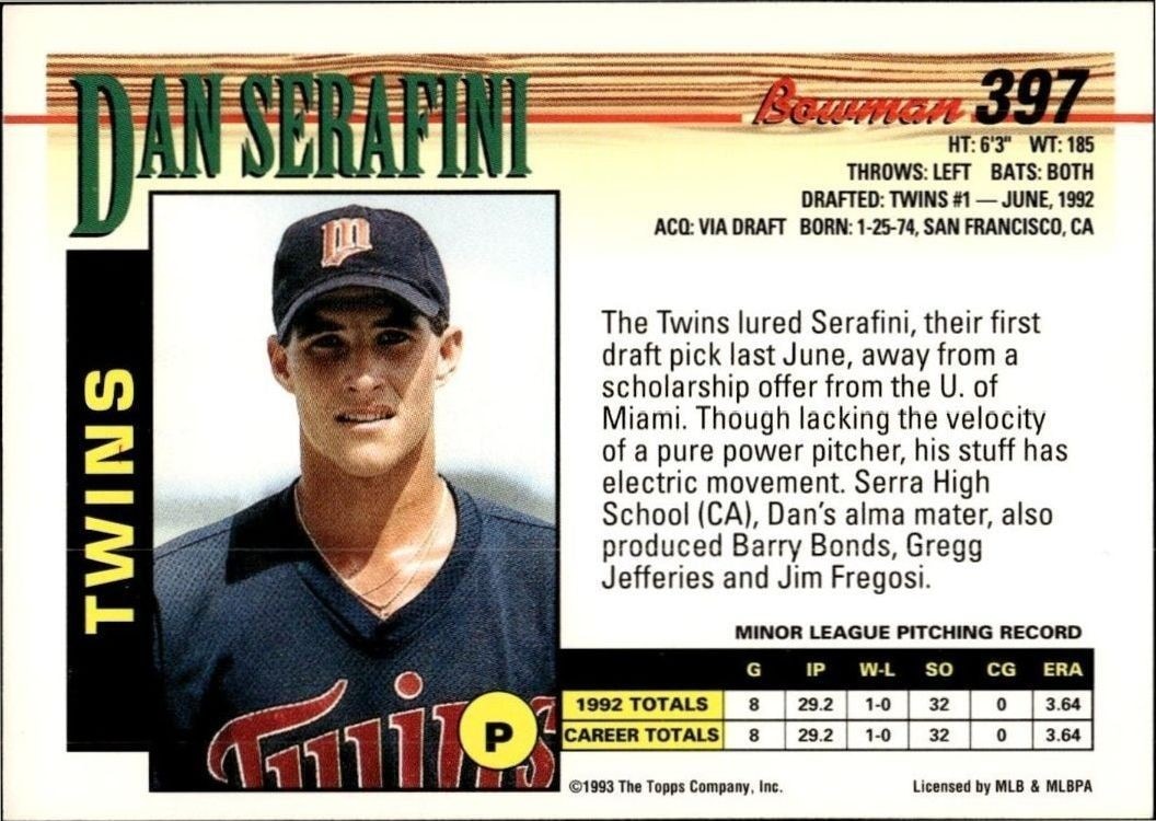 1993 Bowman Dan Serafini #397 baseball trading card back