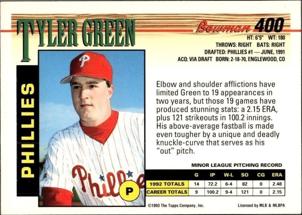 1993 Bowman Tyler Green #400 baseball trading card back