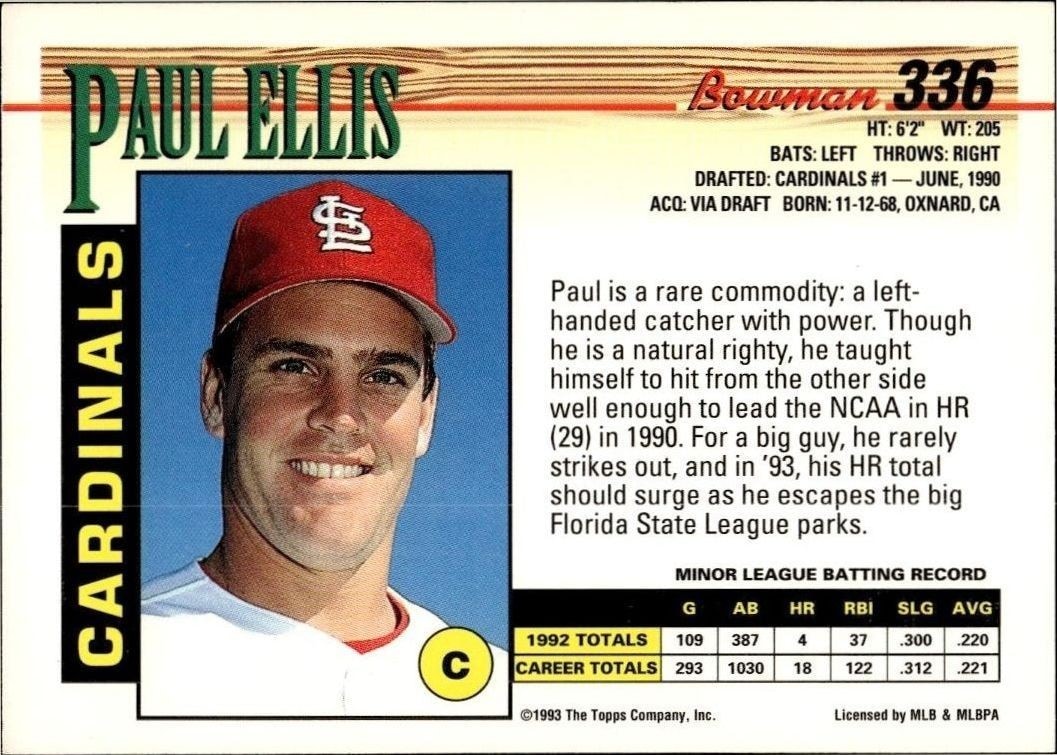 1993 Bowman Paul Ellis #336 baseball trading card back