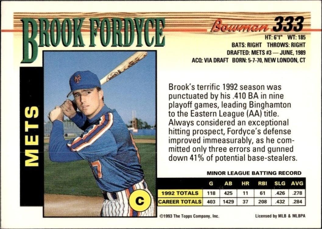 1993 Bowman Brook Fordyce #333 baseball trading card back