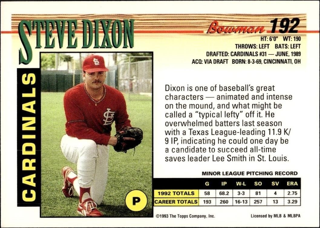 1993 Bowman Steve Dixon #192 baseball trading card back