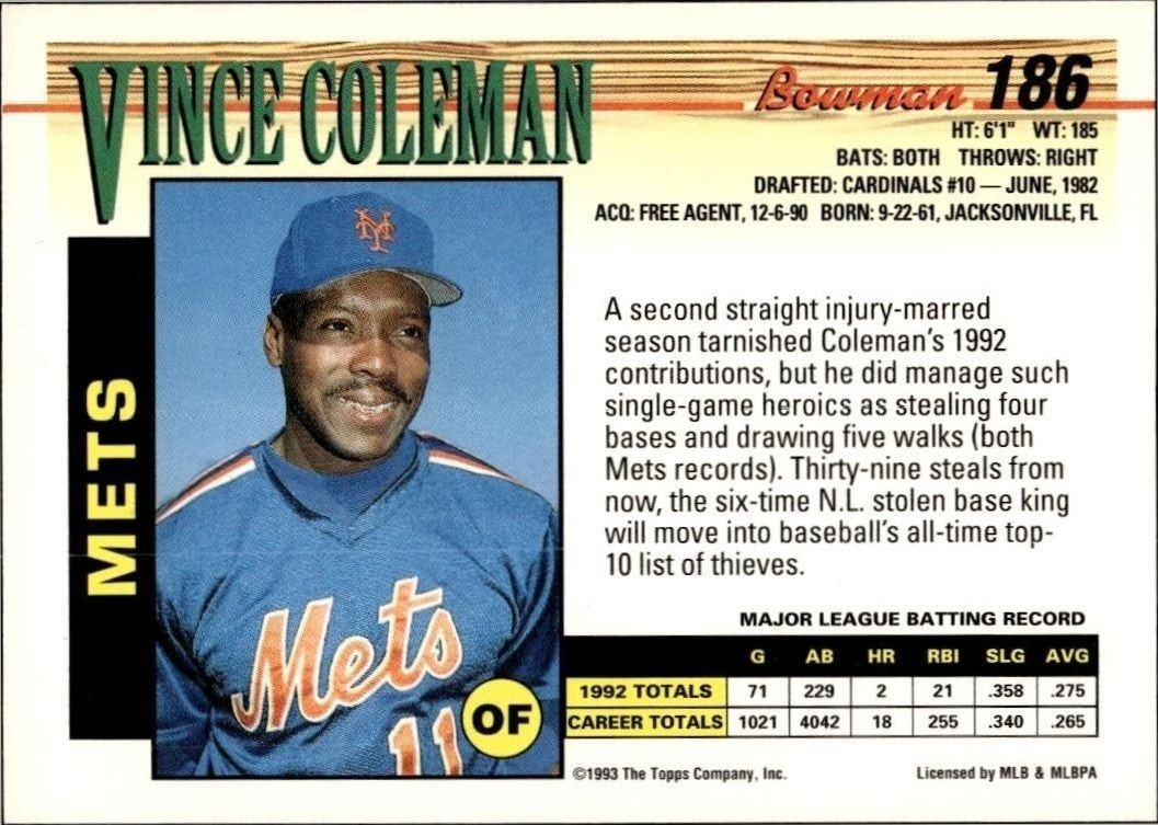 1993 Bowman Vince Coleman #186 baseball trading card back
