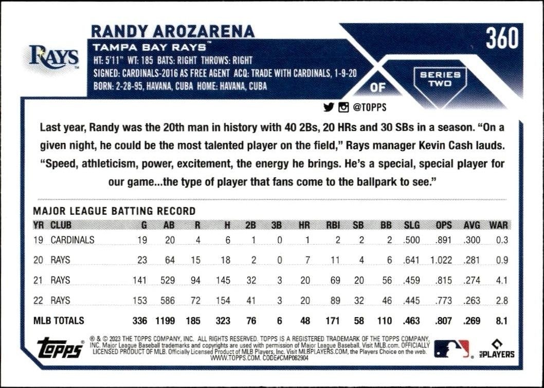 2023 Topps Series 2 Randy Arozarena #360 baseball trading card back