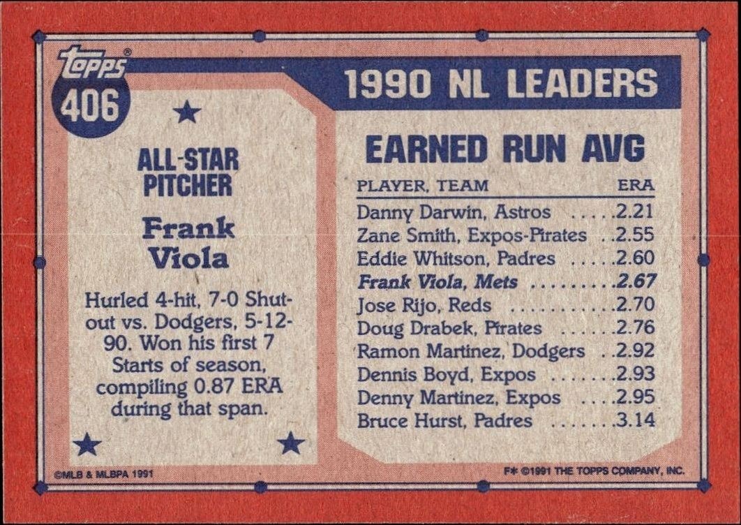 1991 Topps Frank Viola #406 baseball trading card back