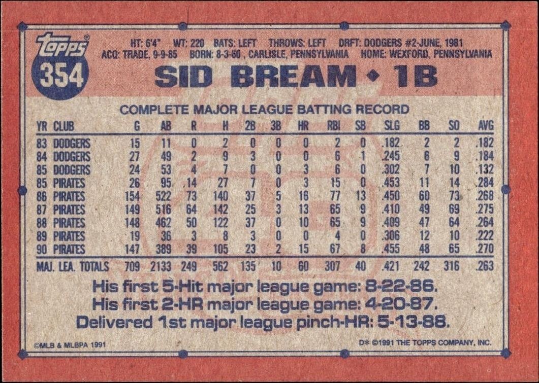 1991 Topps Sid Bream #354 baseball trading card back