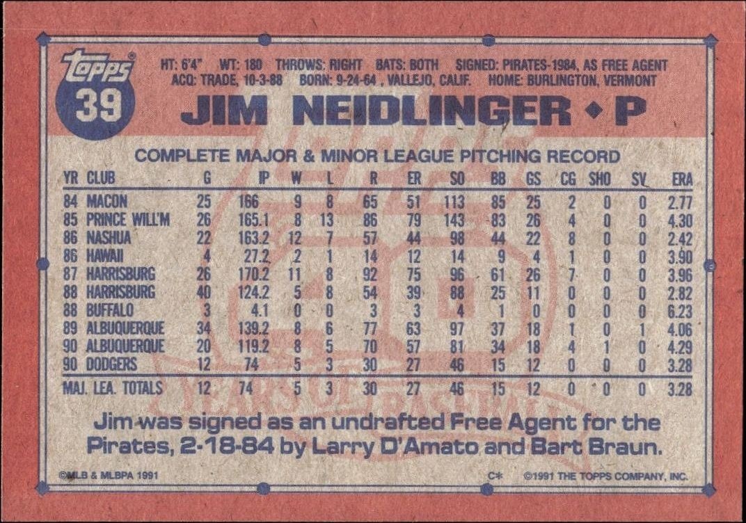 1991 Topps Jim Neidlinger #39 baseball trading card back