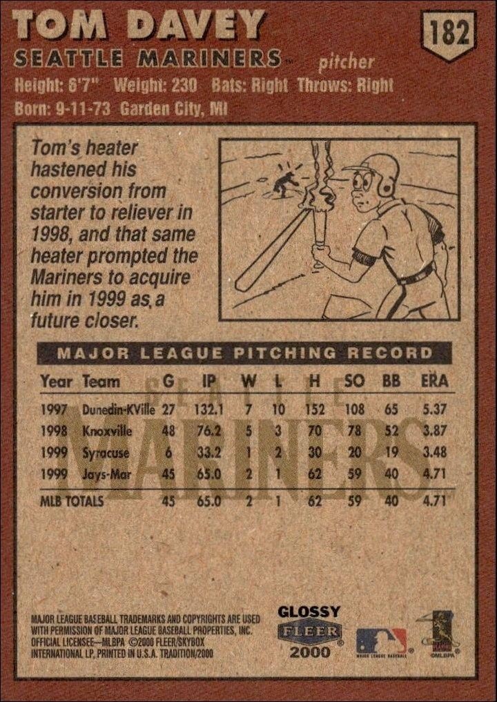 2000 Fleer Tradition Glossy Tom Davey #182 baseball trading card back