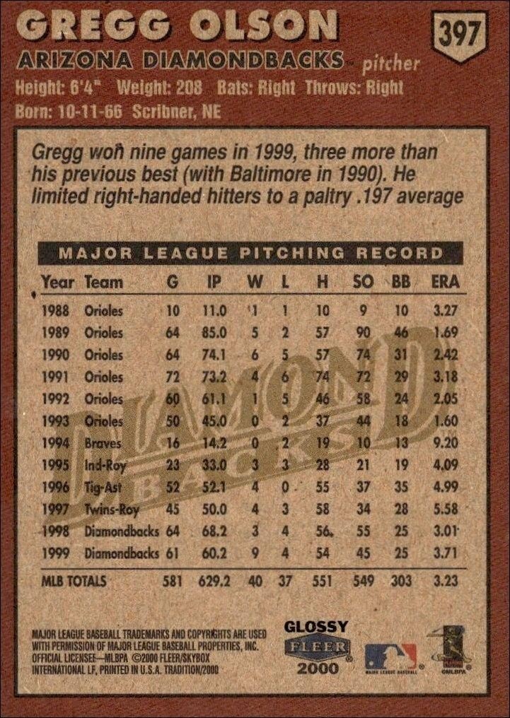 2000 Fleer Tradition Glossy Gregg Olson #397 baseball trading card back