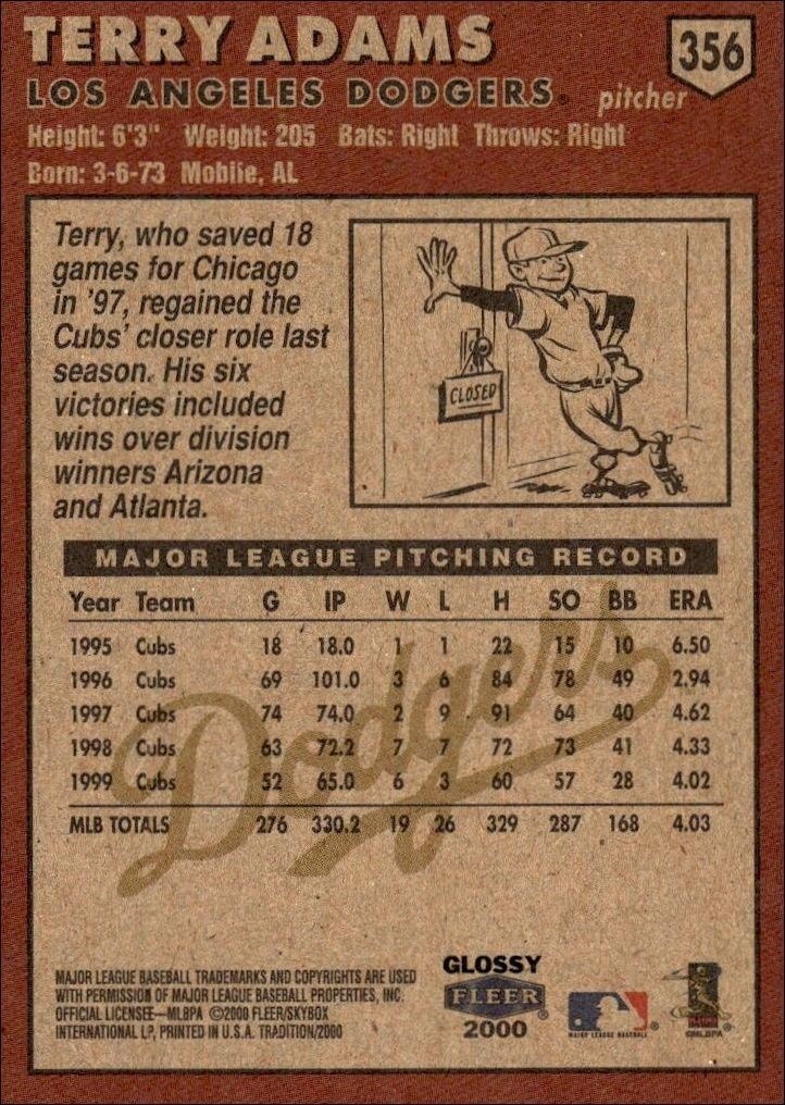 2000 Fleer Tradition Glossy Terry Adams #356 baseball trading card back