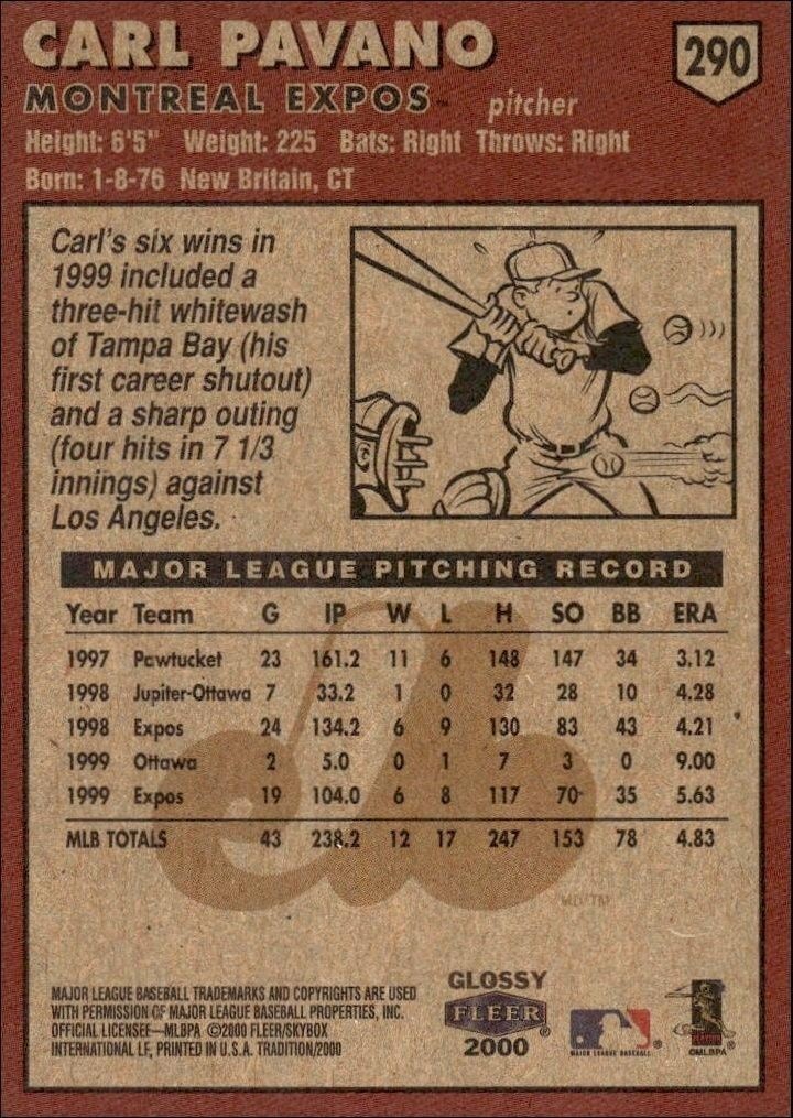 2000 Fleer Tradition Glossy Carl Pavano #290 baseball trading card back