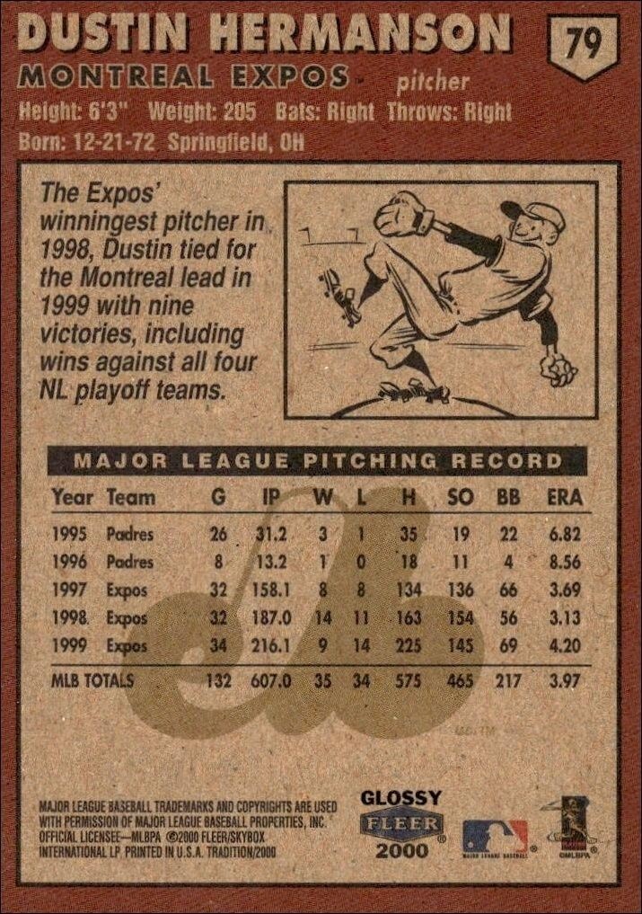 2000 Fleer Tradition Glossy Dustin Hermanson #79 baseball trading card back