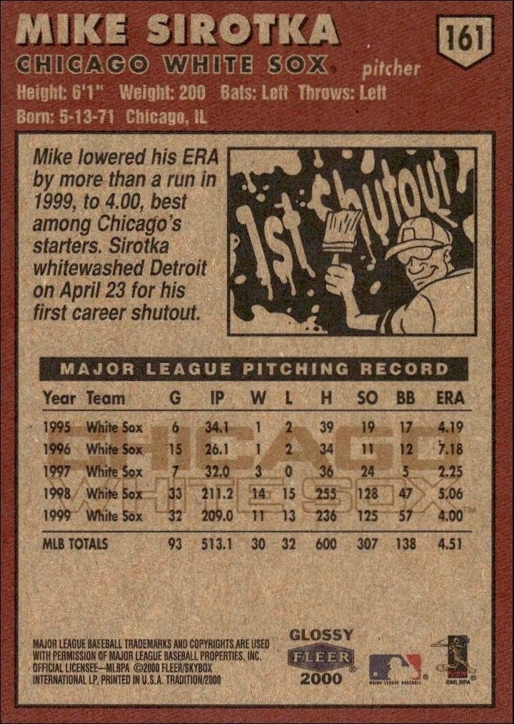 2000 Fleer Tradition Glossy Mike Sirotka #161 baseball trading card back