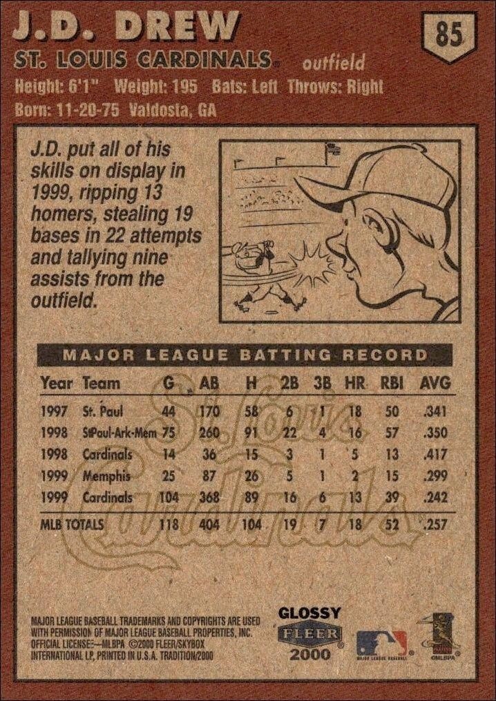 2000 Fleer Tradition Glossy J.D. Drew #85 baseball trading card back
