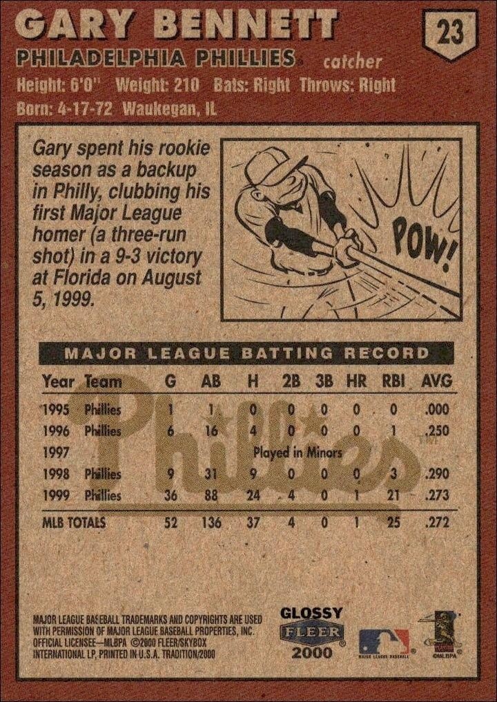 2000 Fleer Tradition Glossy Gary Bennett #23 baseball trading card back