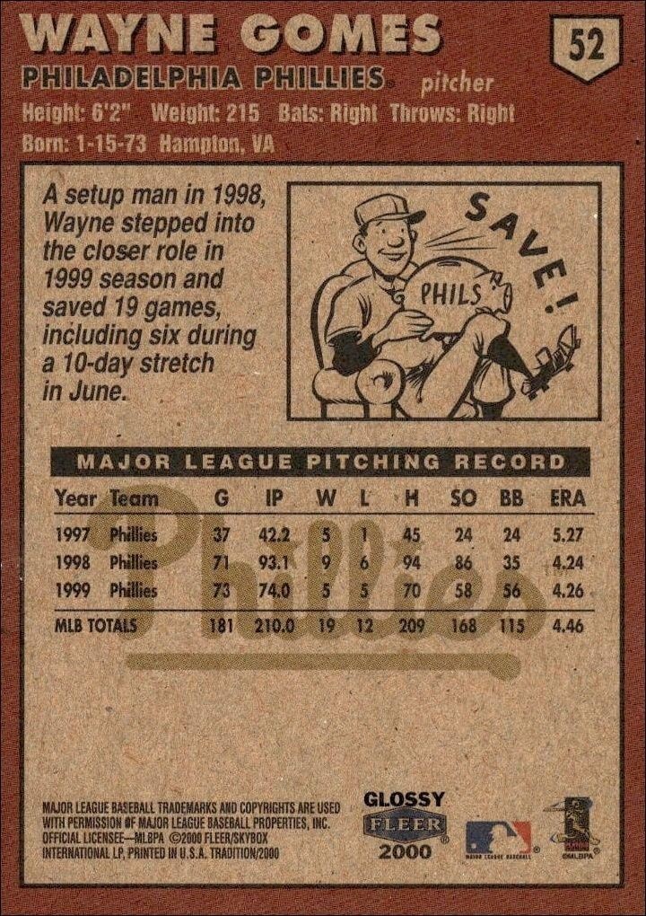 2000 Fleer Tradition Glossy Wayne Gomes #52 baseball trading card back