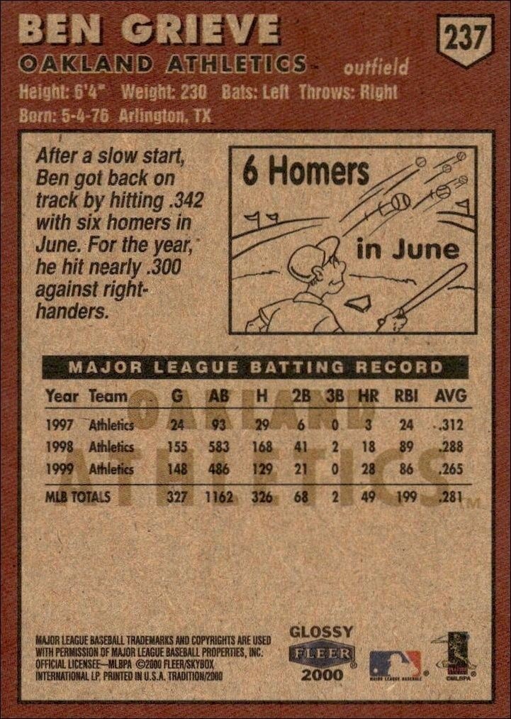 2000 Fleer Tradition Glossy Ben Grieve #237 baseball trading card back