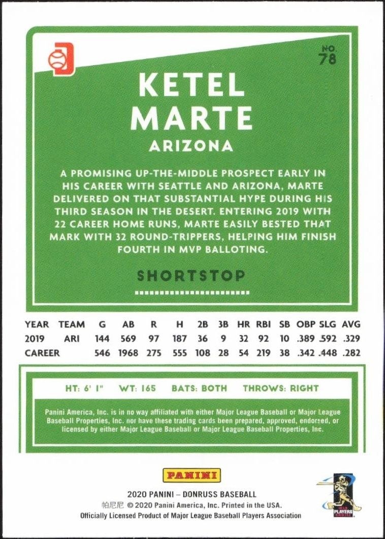 2020 Panini Donruss Ketel Marte #78 baseball trading card back