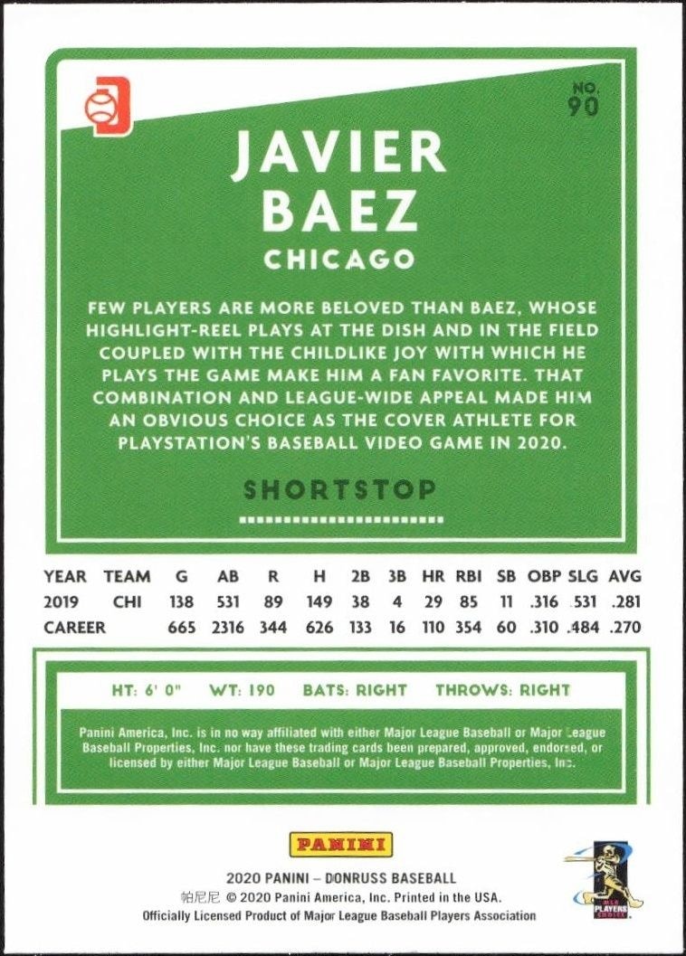 2020 Panini Donruss Javier Baez #90 baseball trading card back