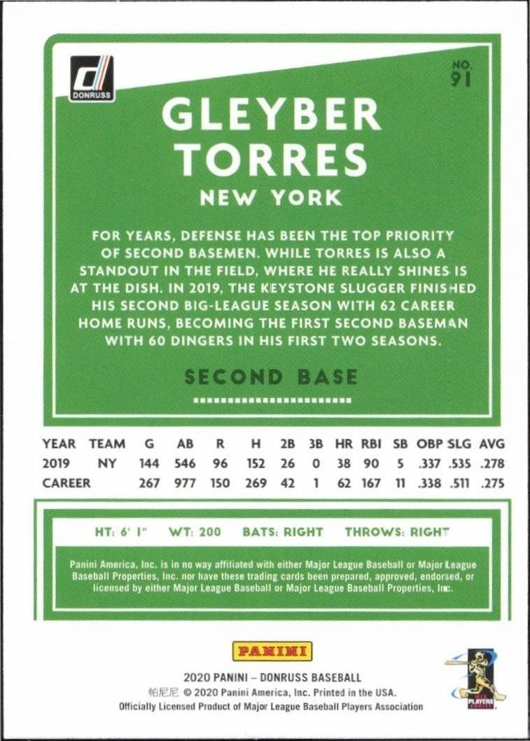 2020 Panini Donruss Gleyber Torres #91 baseball trading card back
