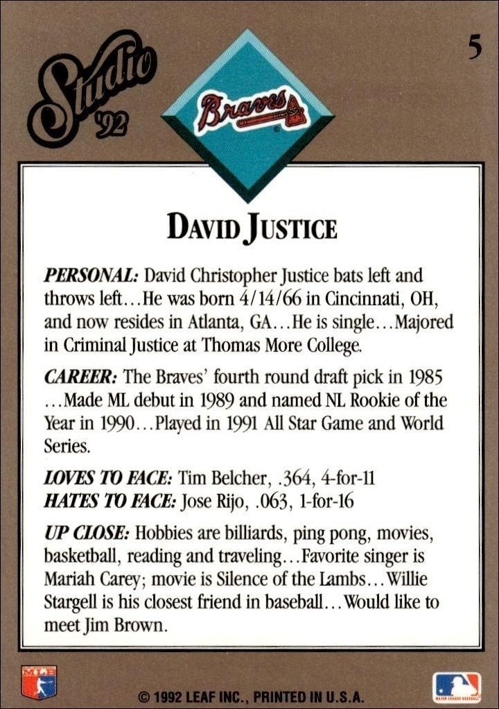 1992 Studio David Justice #5 baseball trading card back